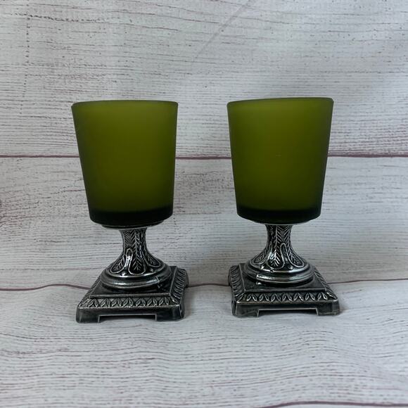 Green Frosted Glass Votive Candle Holders Set of 2 Square Metal Base 4 3/8" - Picture 1 of 16